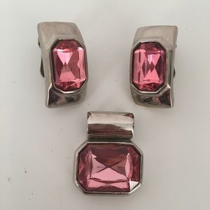 Pink Stone Jewelry (clip-on earrings and charm)